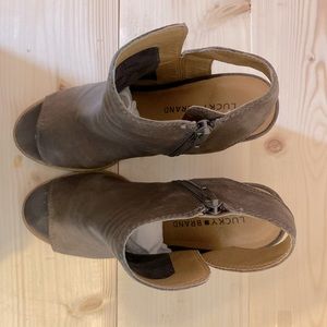 Lucky Brand - Brown sling back, peep toe with zippered bootie. Size 8.5